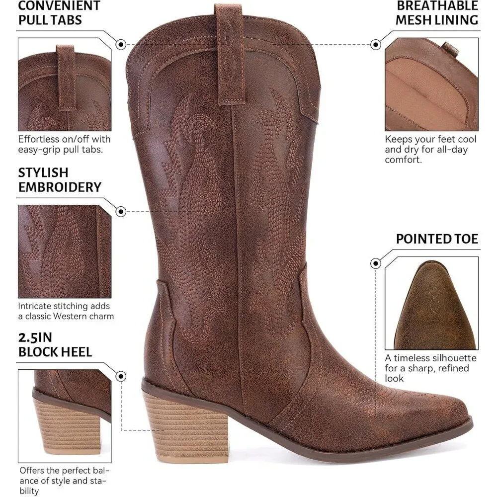 Women's Vintage Brown Pointed Toe Western Boots Embroidered Mid-calf Block Heel - Picture 4 of 7